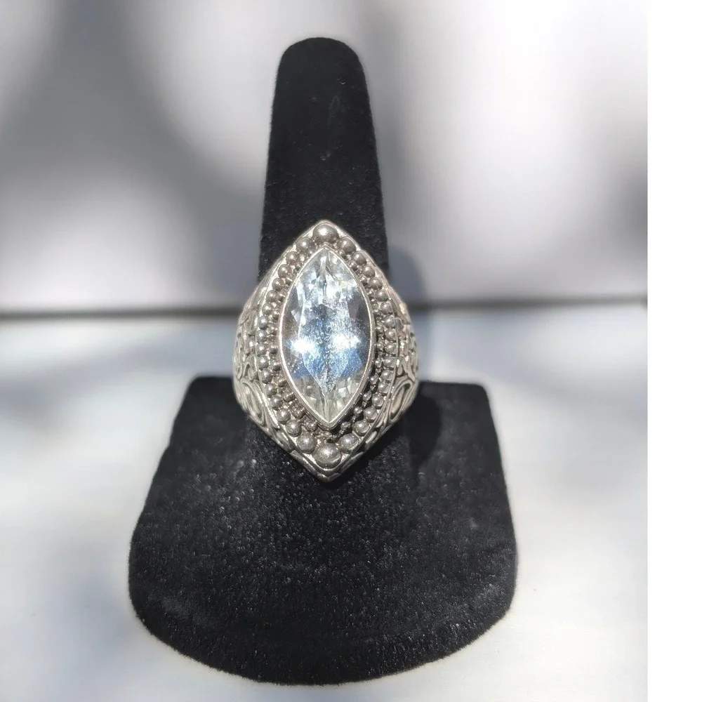 Sarda‎ Sterling Silver 925 Marquise Blue Gemstone Filigree Statement Ring 6.75